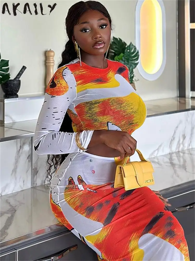 

Akaily сексуальный оранжевый комплект из 2 предметов с длинным рукавом и юбкой для отпуска для женщин 2023 осенний облегающий укороченный топ с принтом юбка комплект
