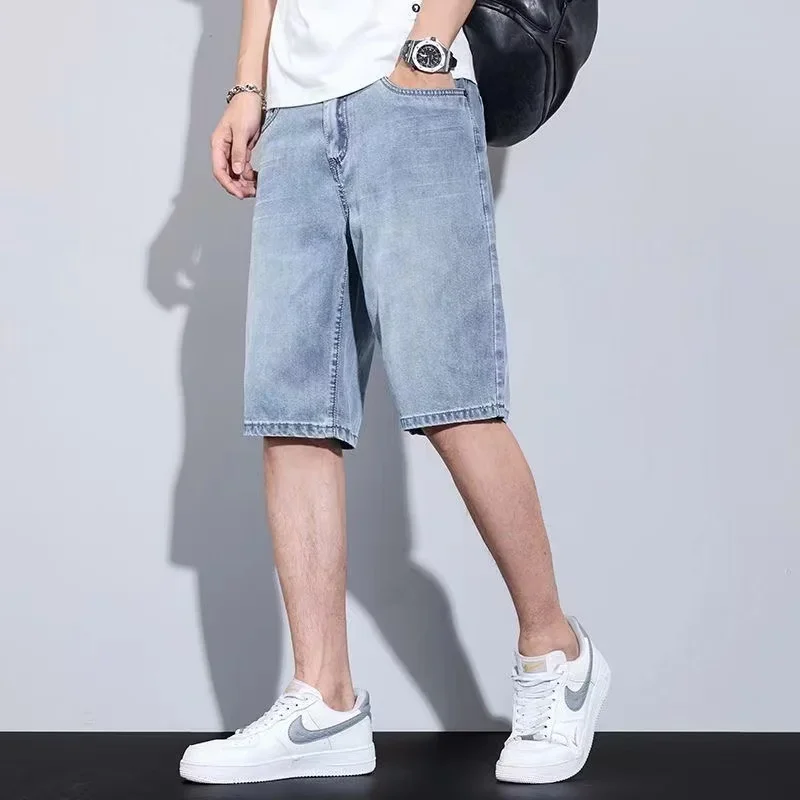 2025 new Fashion Streetwear Men's Denim Shorts Summer Loose Vintage Harajuku Splicing Hip-hop Cargo Moto Short Jeans Black Blue 3