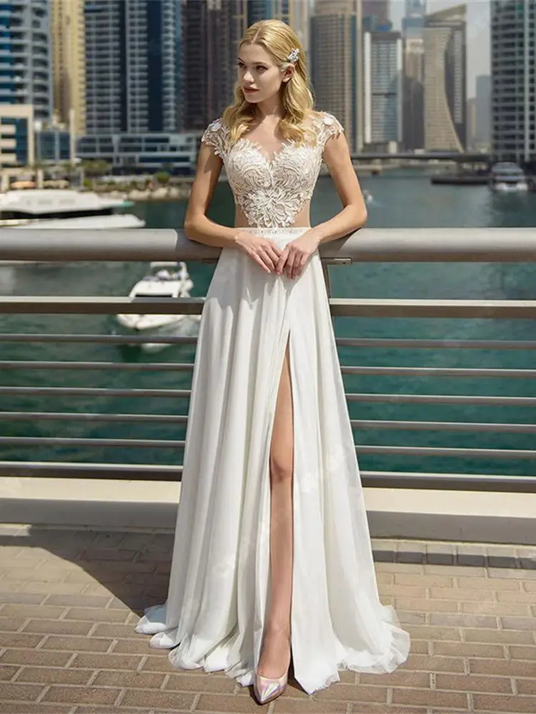 Short Sleeves Wedding Dresses For Women Lace Decals Bridal Gowns Elegant Side Split  Bohemian Lady Vestidos De Novias Customized 4