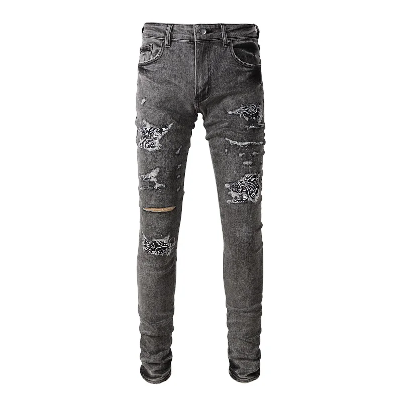 Men Bandana Paisley Print Patches Jeans Gray Stretch Denim Skinny Tapered Pants Holes Ripped Distressed Trousers