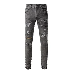 Men Bandana Paisley Print Patches Jeans Gray Stretch Denim Skinny Tapered Pants Holes Ripped Distressed Trousers
