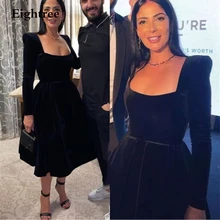 

Simple Black Short A Line Evening Dresses Strapless Velour Long Sleeves Arabia Formal Night Gowns Prom Party Dress Vestidos
