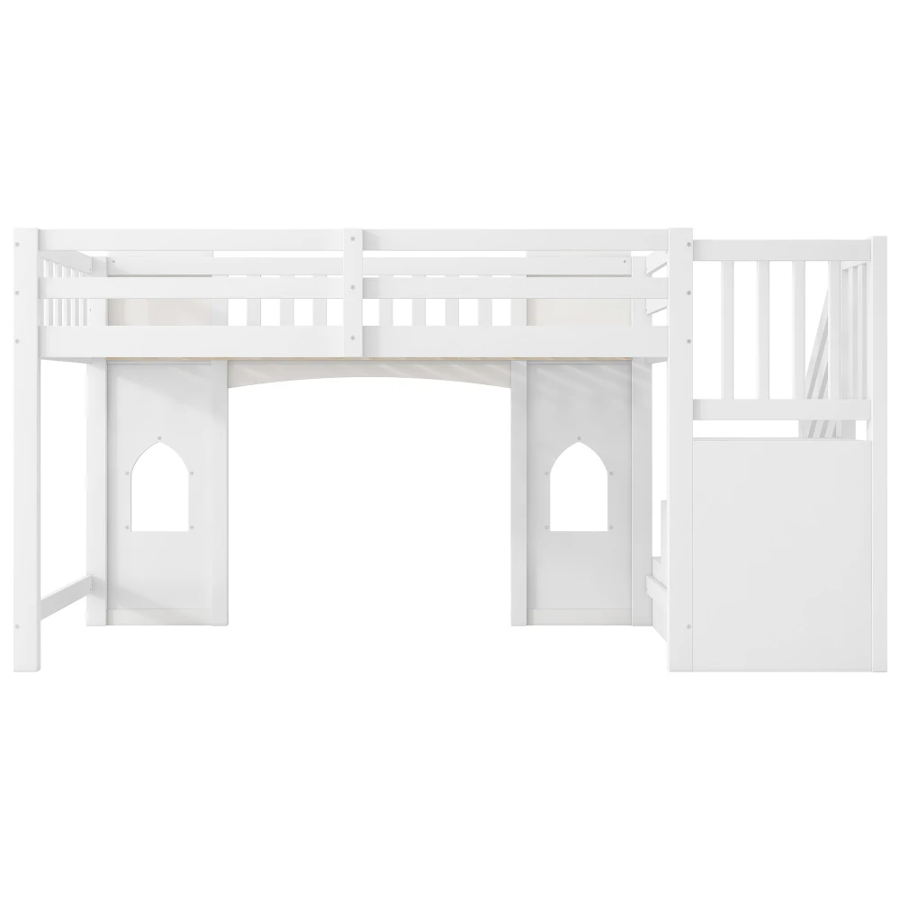 Hochbett 90 x 200 cm mit Stauraumtreppe und Fensterdesign, platzsparendes Plattformbett, multifunktionales Schlafzimmerbett mit Stauraum – Detail 10
