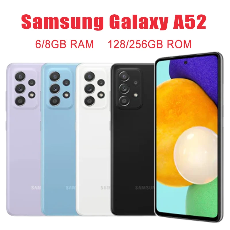 

Original Unlocked Samsung Galaxy A52 5G A5260 Dual Sim 6.5" 6/8GB RAM 128/256GB Octa Core Snapdragon 4 Camera NFC Smartphone