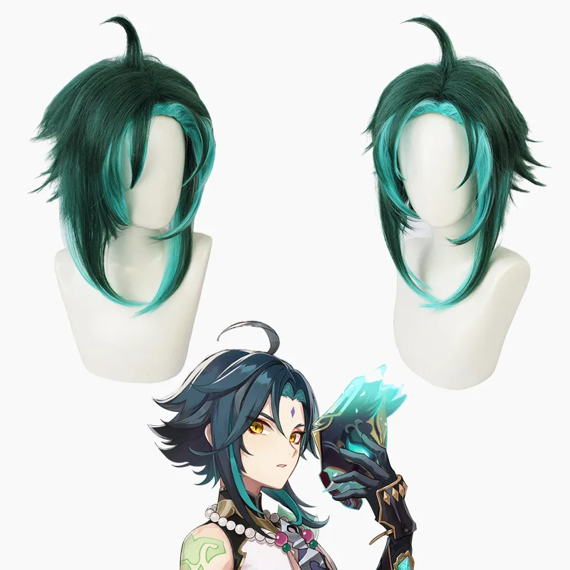 

Genshin Impact Xiao Wig Cosplay Dark Green Synthetic Short Straight Heat Resistant Hair Adult Women Free Wig Cap Random Stickers