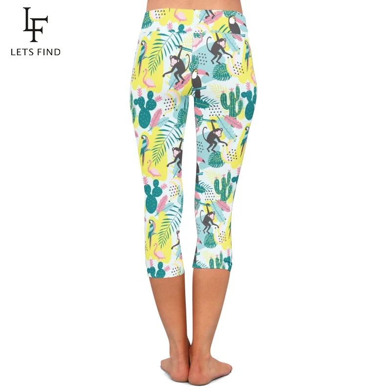 LETSFIND Women Elastic Capri Legging Animal Print Flamingos High Waist  Mid-Calf 3/4 Stretch Casual Leggings Fou Summer
