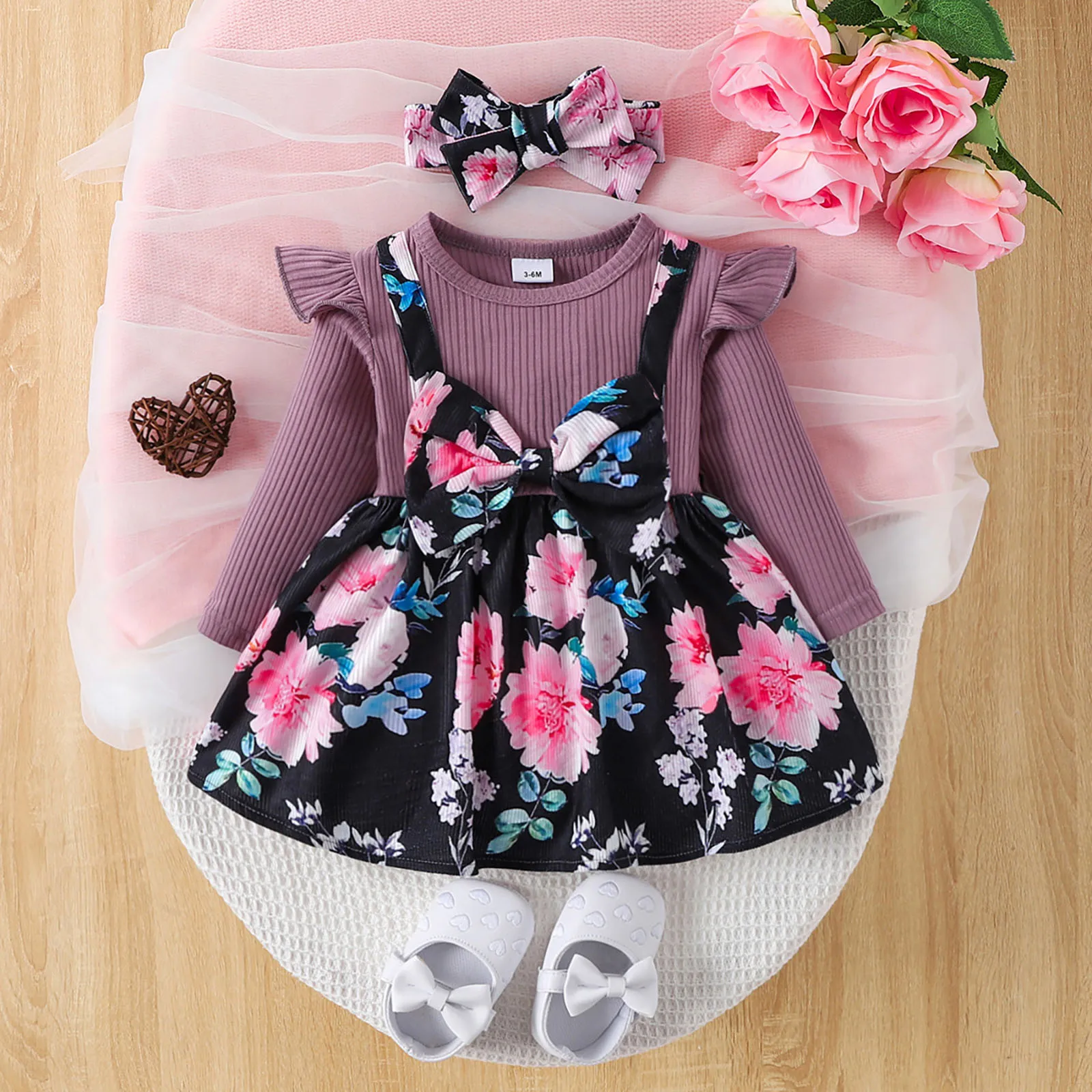 Arrival Autumn Baby Kids Girls Color Patchwork Long Sleeves Butterfly-bow Decorated Dress with Hat