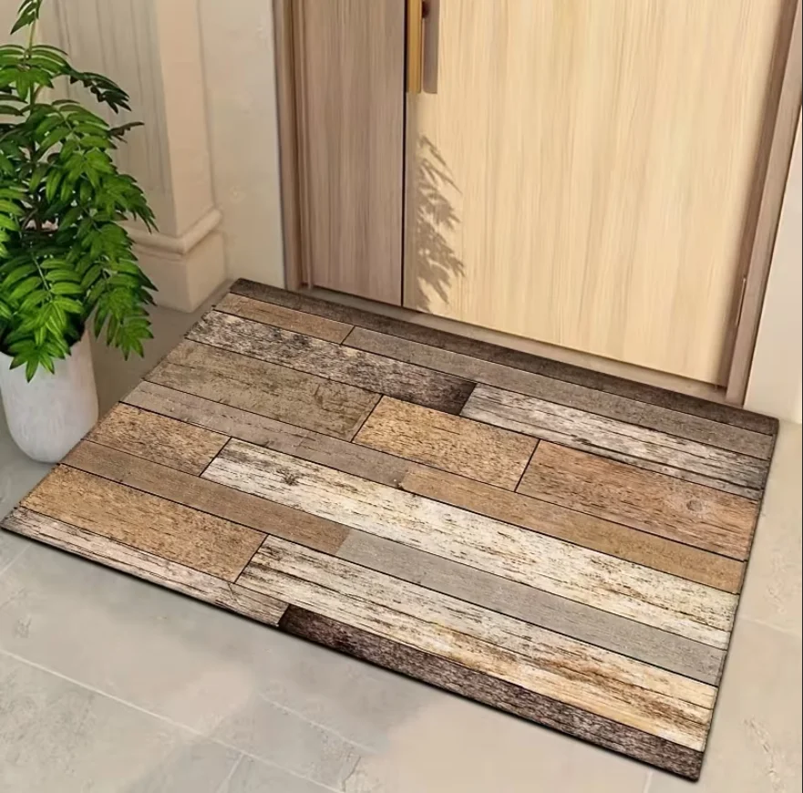Tapis de porte extérieur durable avec motif bois rustique, idéal pour terrasse, camping-car et jardin