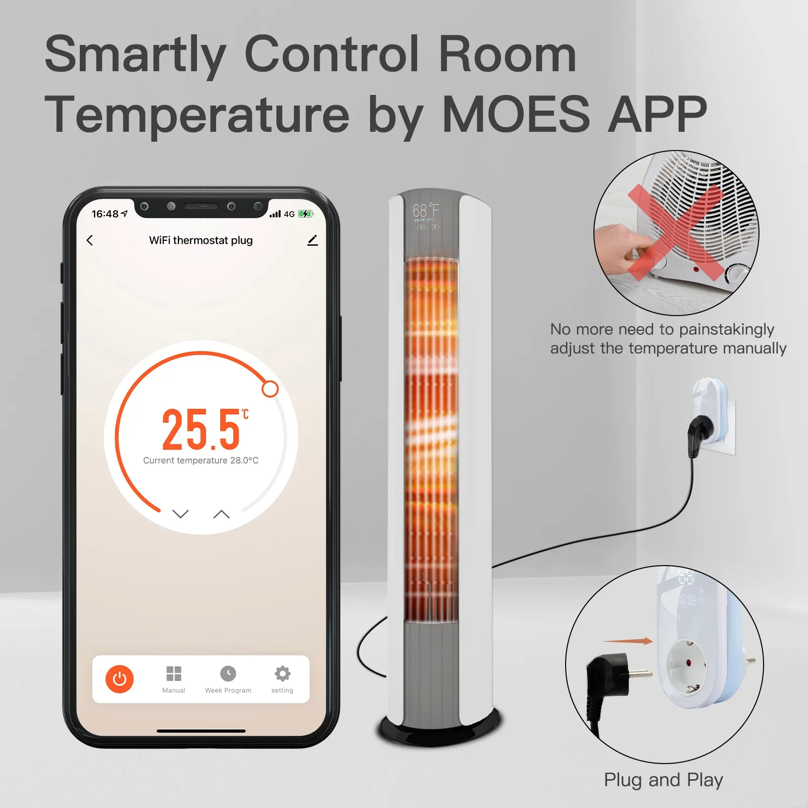 MOES 스마트 와이파이 LED 온도 조절기 플러그 콘센트 가열 및 냉각 모드 16A 앱 원격 제어, 알렉사 구글 홈과 호환 가능