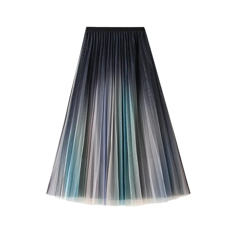 

New 2024 Korean Fashion High Waisted Rainbow Gradient Midi Skirt Women Spring Summer Mesh A Line Elegant Long Skirts