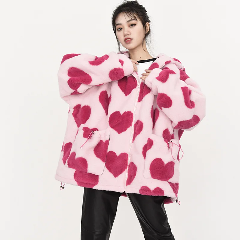 

Love Print Lamb Velvet Jacket Hong Kong Flavor Loose Hooded All-Match Cotton Top Coat Women's New Autumn And Winter