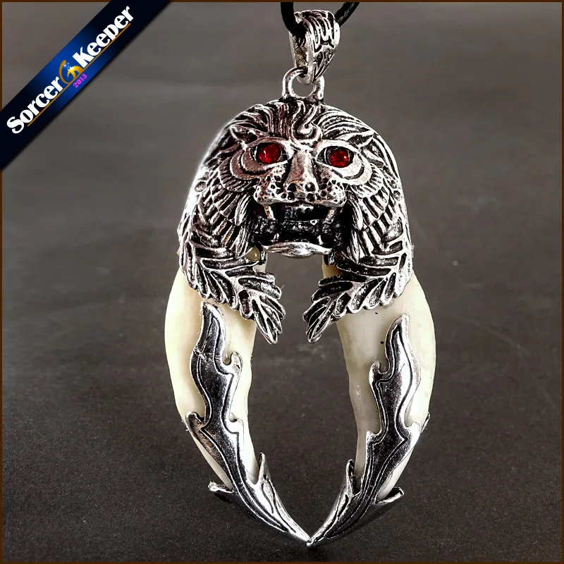 Men's Horde Amulet Necklace Tibetan Amulet Fangs Real Bone Natural Tooth Vintage Wolf Tooth Charm Lions Head Pendant