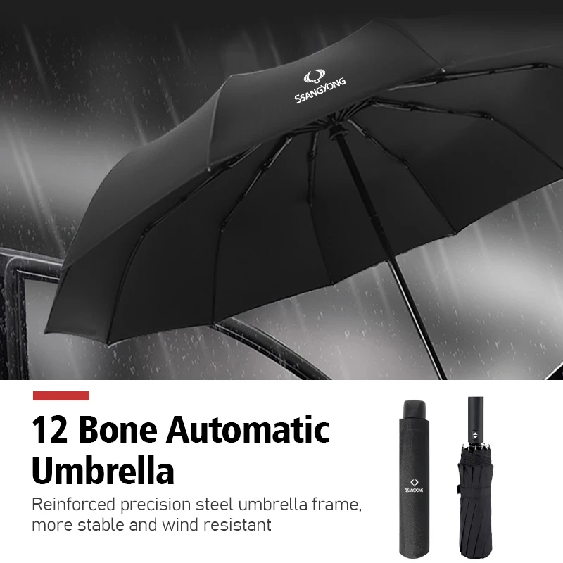 12 Bone Car Automatic Business Folding Umbrella Accessories For SsangYong Actyon Korando Rexton Kyron Rodius Tivoli