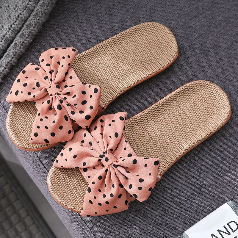 Summer Bowknot Linen Slippers Women Japanese Cute Wave Point Home Indoor Shoes Non-Slip Women's Linen Slippers 