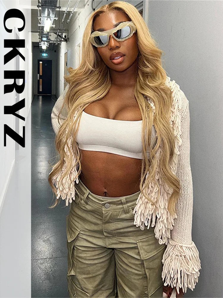 

Ladies Autumn Long Sleeve Open Stitch Tassel Knitted New Fashion Coat Top For Women New Fashion Club Streetwear Y2K Fall Outfits