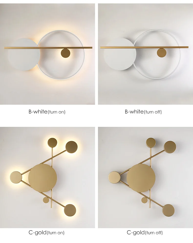 Four minimalist wall sconces with gold circles and matte white accents.