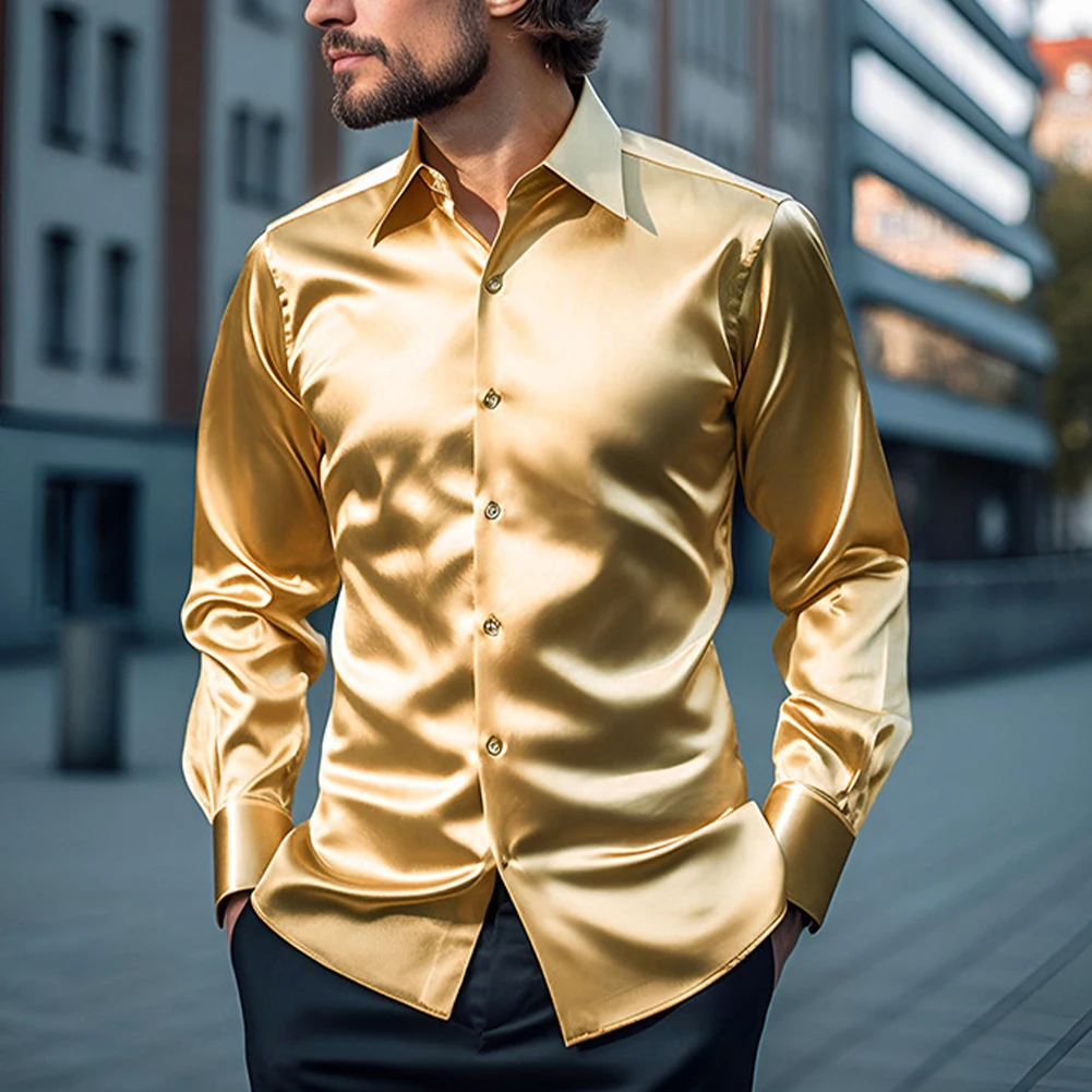 Stylish Satin Silk Men's Dress Shirt Slim Fit Long Sleeve Perfect for Parties and Special Events (106 characters)