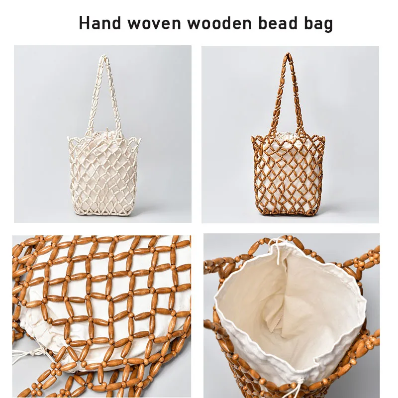 Women Woven Hand Bag Exquisite Hollow-out Wooden Bead Tote Shoulder Bag Female Summer Beach Handbag 2025 New