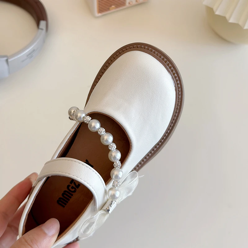 Girl's Leather Shoes Pearl Chain Ribbon Solid Color Elegant Kids Mary Janes Hook-loop Spring Black Beige Children Shoe