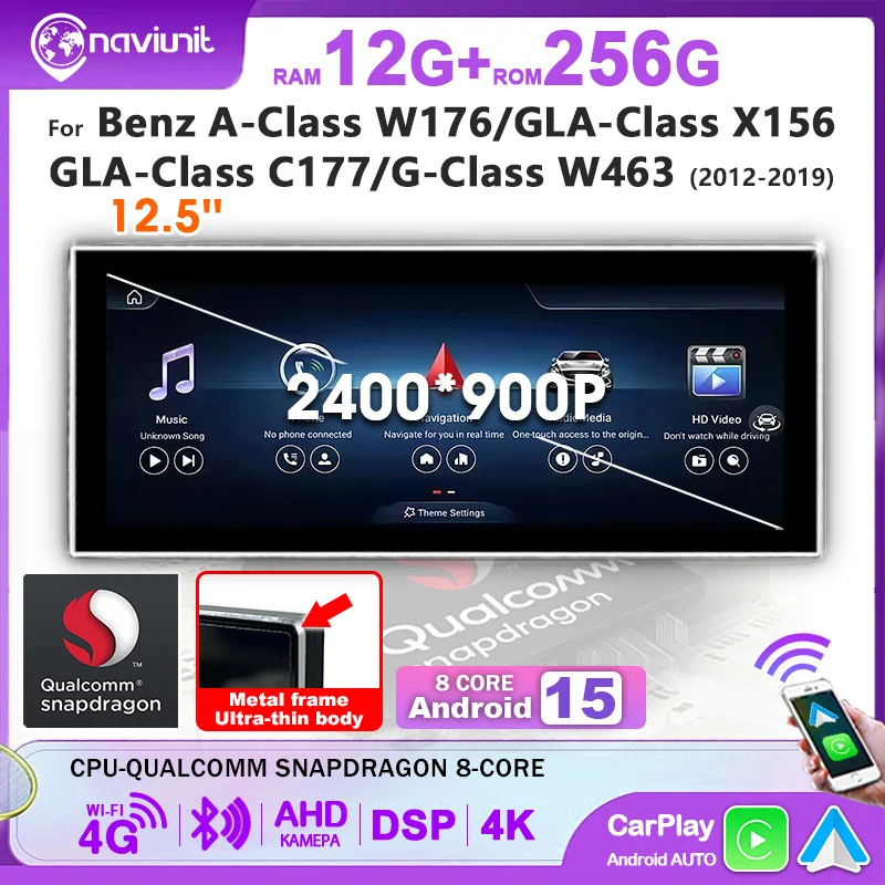Radio para Auto con Android 15, Snapdragon 8CORE, Pantalla Ultra Delgada de 2400*900P, Carplay Inalámbrico, GPS, para Mercedes-Benz Clase A W176, GLA X156, CLA C117, G W463 2013-2018, Autoradio Estéreo, Reproductor Multimedia, Bluetooth, WIFI, 4G LTE 1