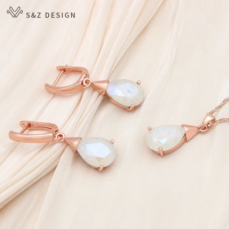 S&Z DESIGN New Elegant Water Drop Crystal Dangle Earrings Jewelry Sets For Women Personality Party Pendant Necklace