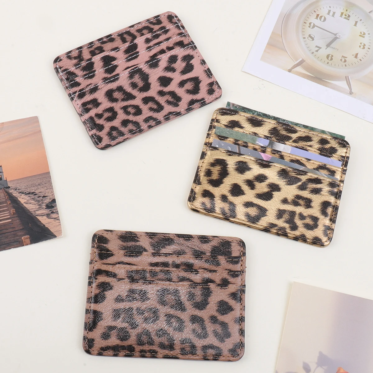 클래식 레오파드 프린트 PU 가죽 카드 지갑 패션 버스 ID 비즈니스 동전 현..