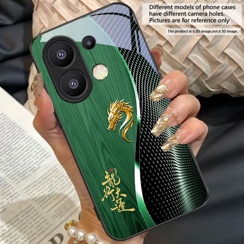 Elegant Black Tempered Glass Phone Case with Traditional Dragon Totem Design