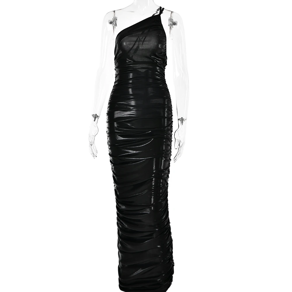 -Women's One Shoulder Sleeveless Backless Dress, Pleated Bodycon, Temperament Dress, Female Party, Club, Evening