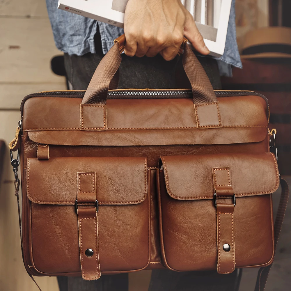 nesitu-brown-black-a4-genuine-leather-14''-laptop-executive-office-men-briefcase-portfolio-business-messenger-bag-m6391