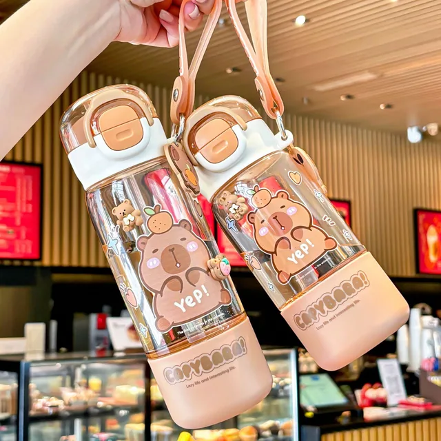Portable Spring Lid Drink Cup With Straw Capybara Creative Cartoon Drinkware Double Opening Plastic Kids Capybara Bottle Gift 3