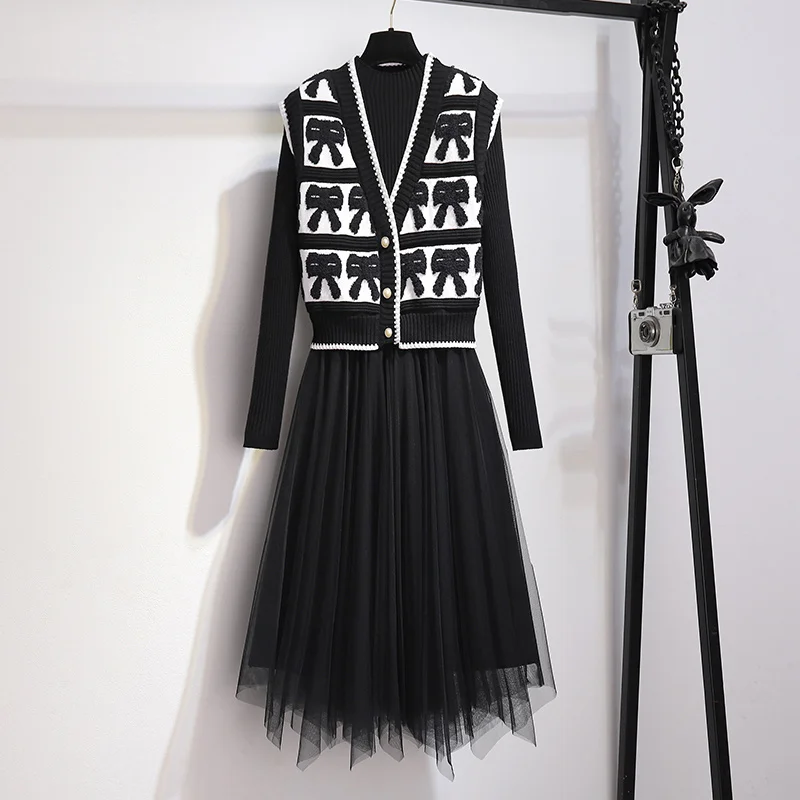 Women Sweater Dress Two Peice Suit 2023 Autumn Winter Knitted Print Vest+Round Neck Knee-Length Dress Outfits Korean Basic Set