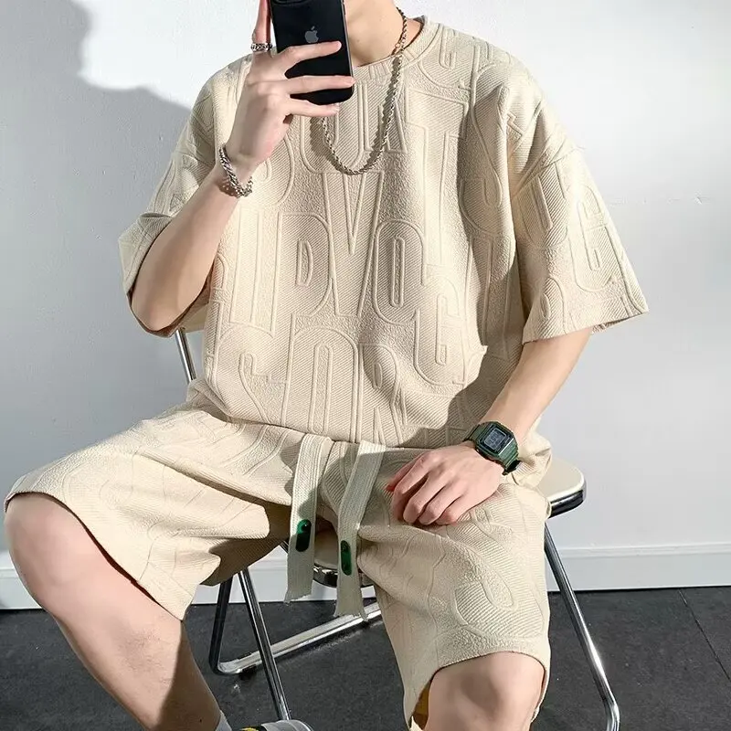 Summer New 3D Printing Men Letter Jacquard Suit Solid Color Round Neck Short Sleeved Casual Motion Quarter Pants Two Piece Set