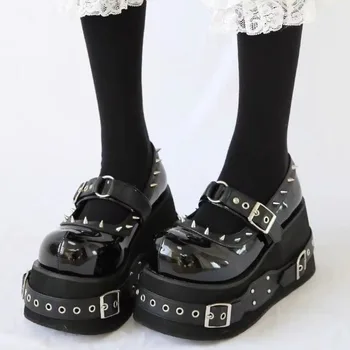 Kawaii Lolita Shoes Platform Platforms for Women Fashion Rivet Mary Jane Round Toe School Shoes Girl Cute Shoes Black 1