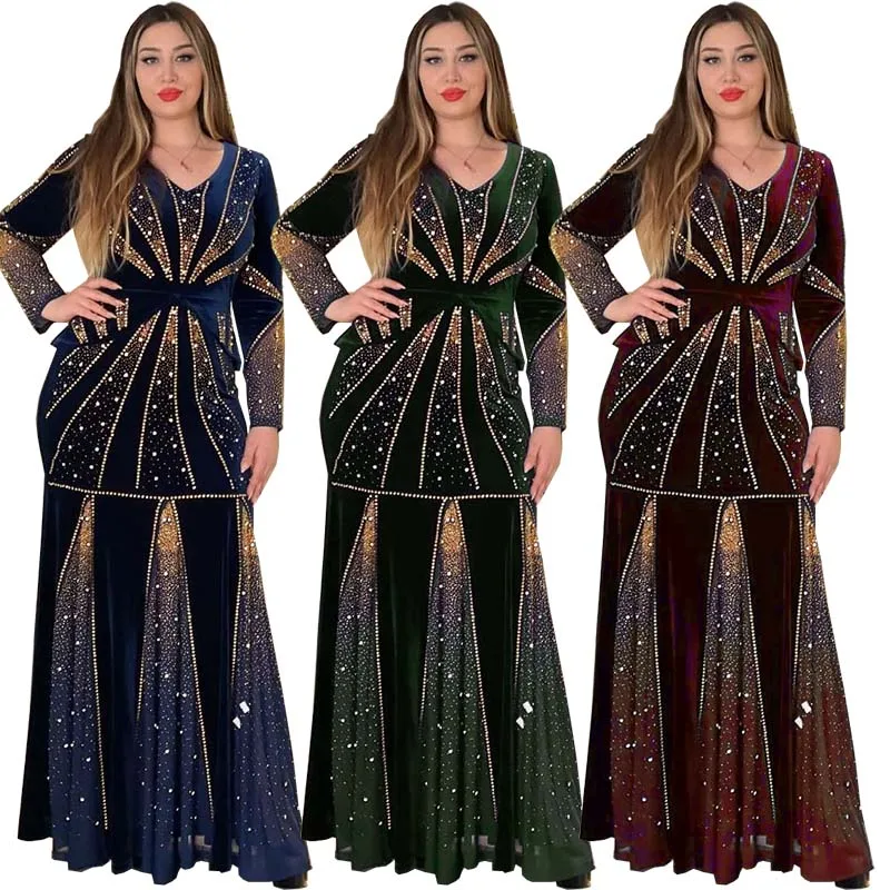 

African Velvet Party Dresses for Women Noble Temperament Dashiki Diamond Kaftan Party Long Dress ​Evening Gown Dubai Ankara Robe