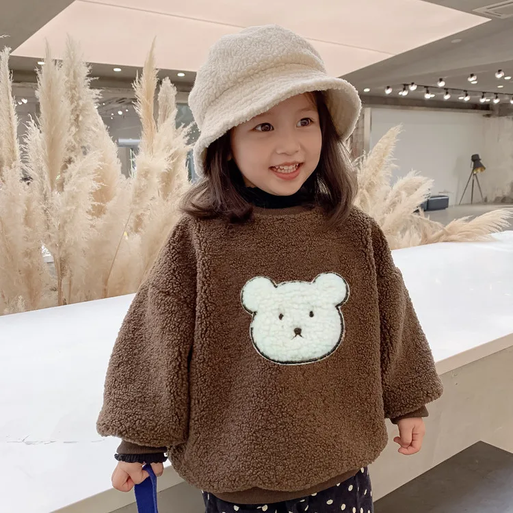 

Детский свитер, зимний плюшевый УТЕПЛЕННЫЙ ТОП с маленьким медведем, Модная хлопковая Повседневная Удобная одежда для девочек на весну и осень