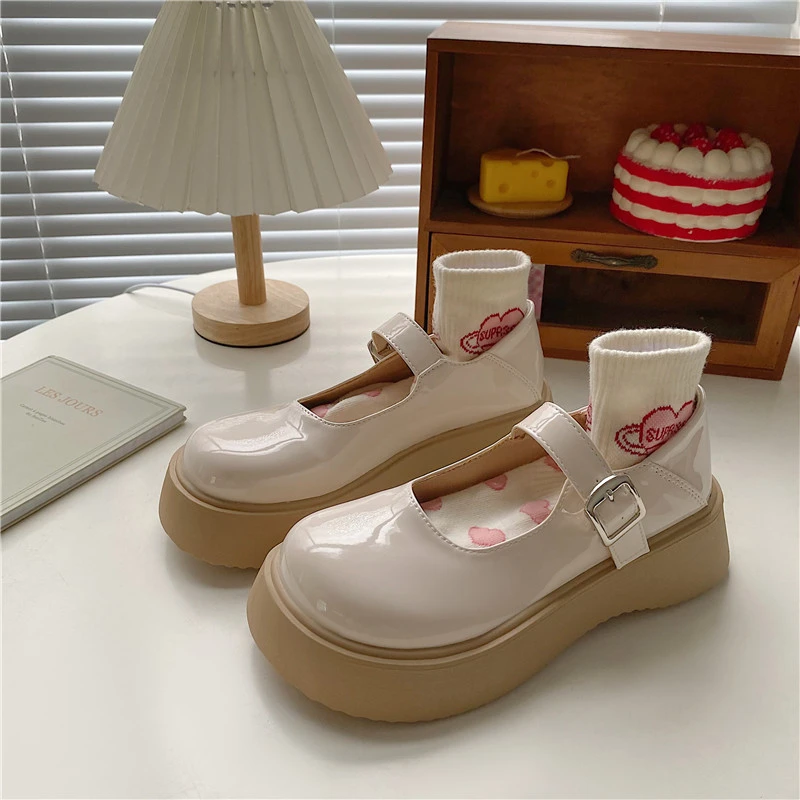 

platform Lolita Shoes Women Japanese Cute Vintage Mary Janes Shoes Platform Chunky High Heel College Student Cosplay beige white