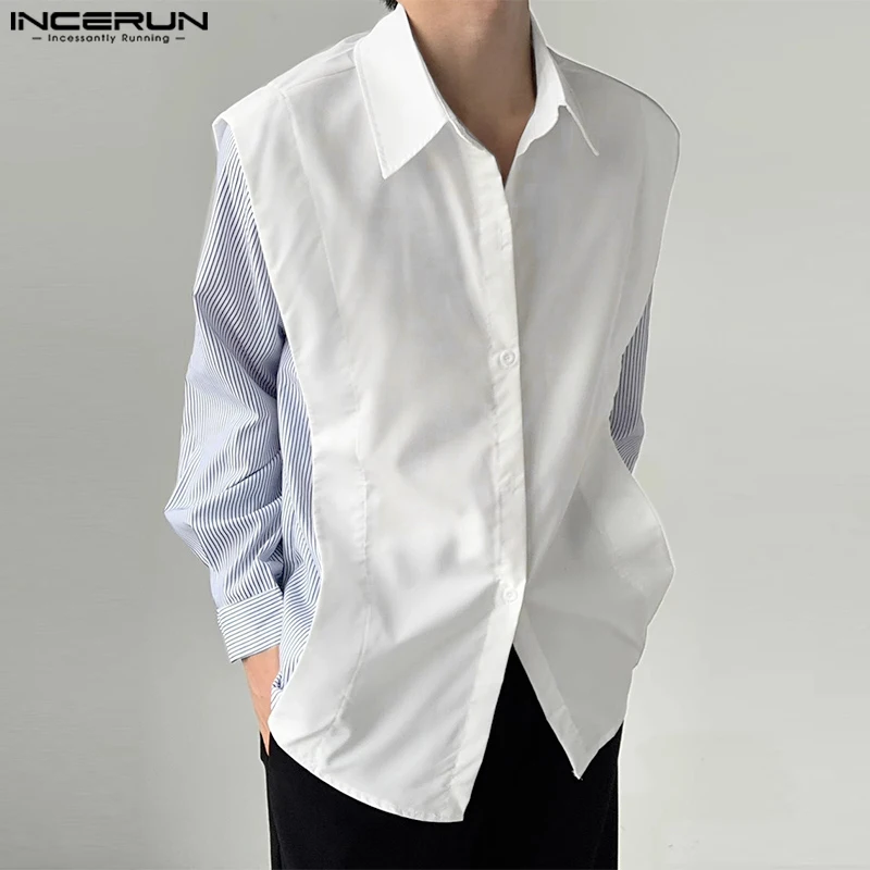 

INCERUN Tops 2023 Korean Style Handsome Men's Patchwork Stripe Design Shirts Casual Stylish Male Lapel Long Sleeved Blouse S-5XL