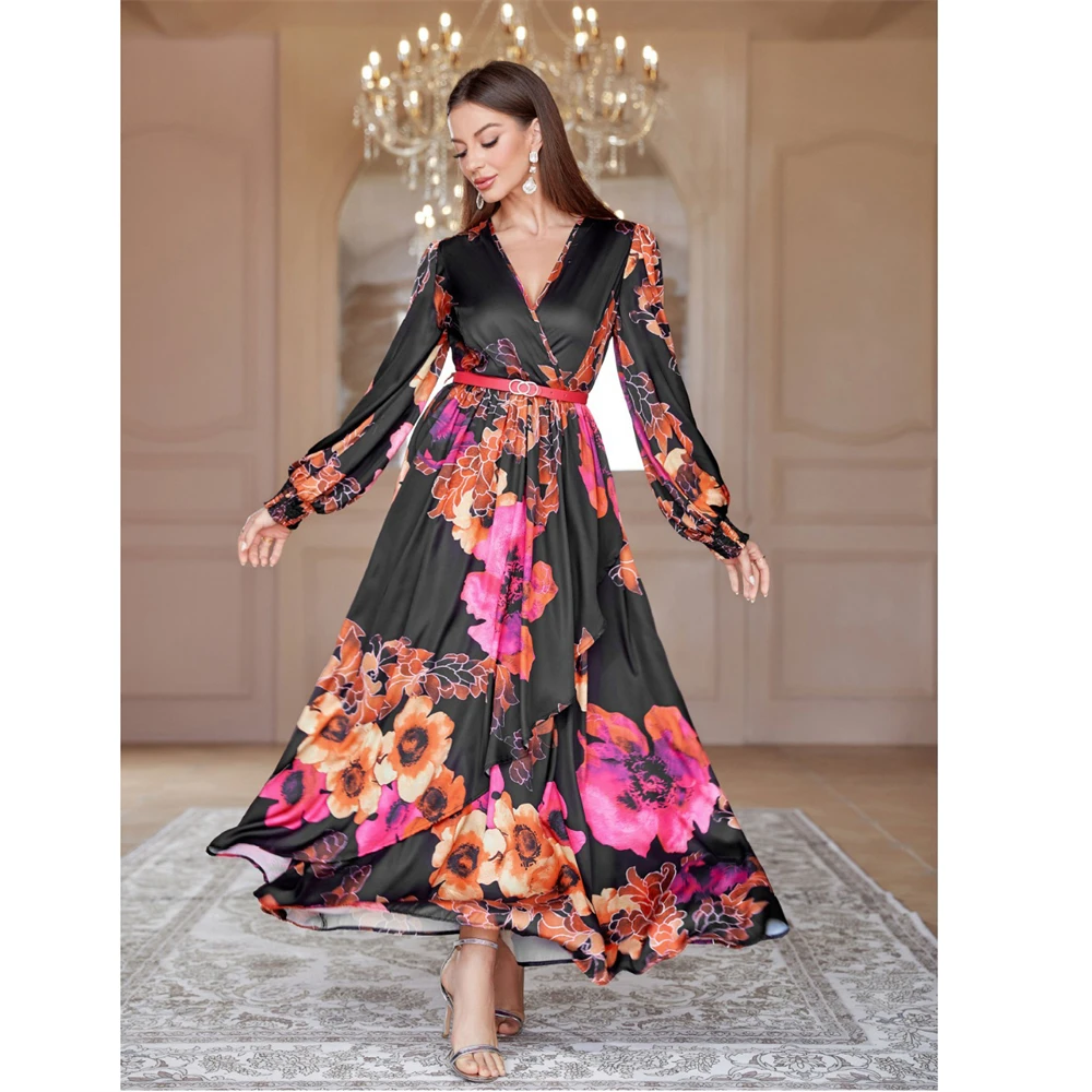 

2023 New Abaya Muslim Women Floral Print Long Maxi Dress Turkey Arab Kaftan Islam Eid Party Gown Belted Femme Jalabiya Vesidos