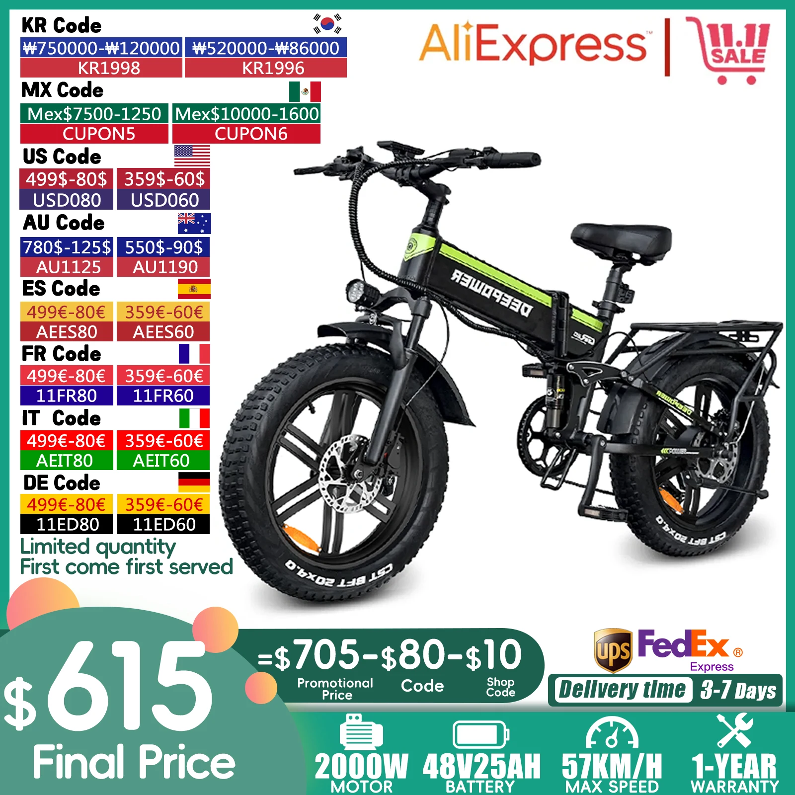 Electric Bicycle Electric Bike DEEEPOWER H20PRO Electric Bicycle 2000W 48V25AH Hydraulic brake Portable Adult Electric Mountain Bike 20 Fat Tire Folding Ebike