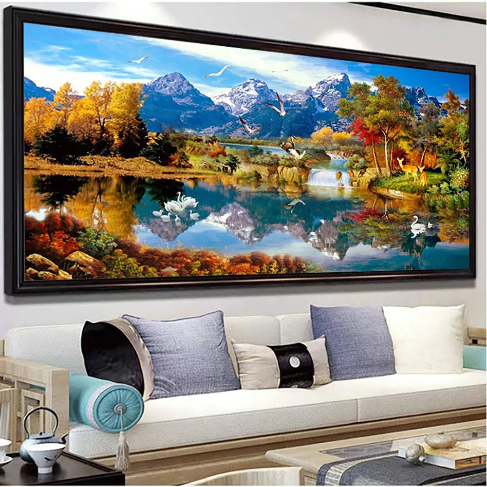 Blue Mountain Lake Landscape Painting Golden Mountain Landscape Canvas Painting Poster Stampe Wall Art Pictures Living Decor