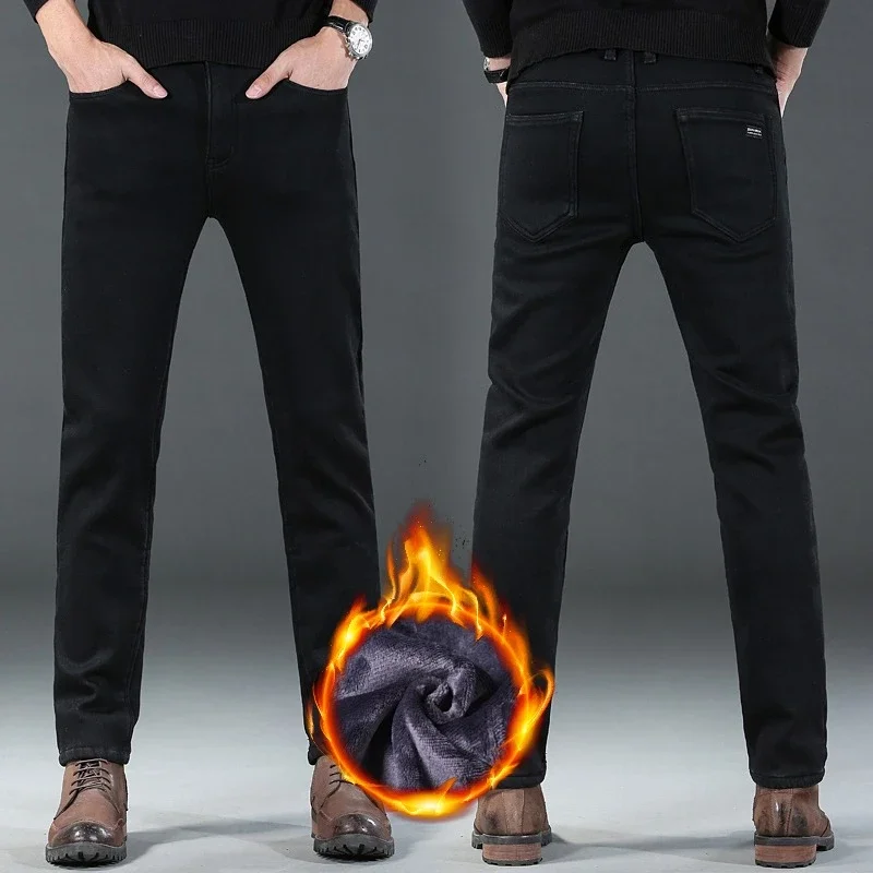 2025 Winter New Style Men's Black Straight Thick Jeans Fashionable Business Velvet Warm Denim Pants Fleece Hot Casual Pants 2
