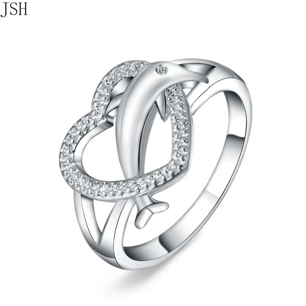 Anello In Argento Sterling 925 Beautiful Love Heart Dolphin Ring Leaf Hot Cute Noble Pretty Fashion Wedding Women Lady Jewelry