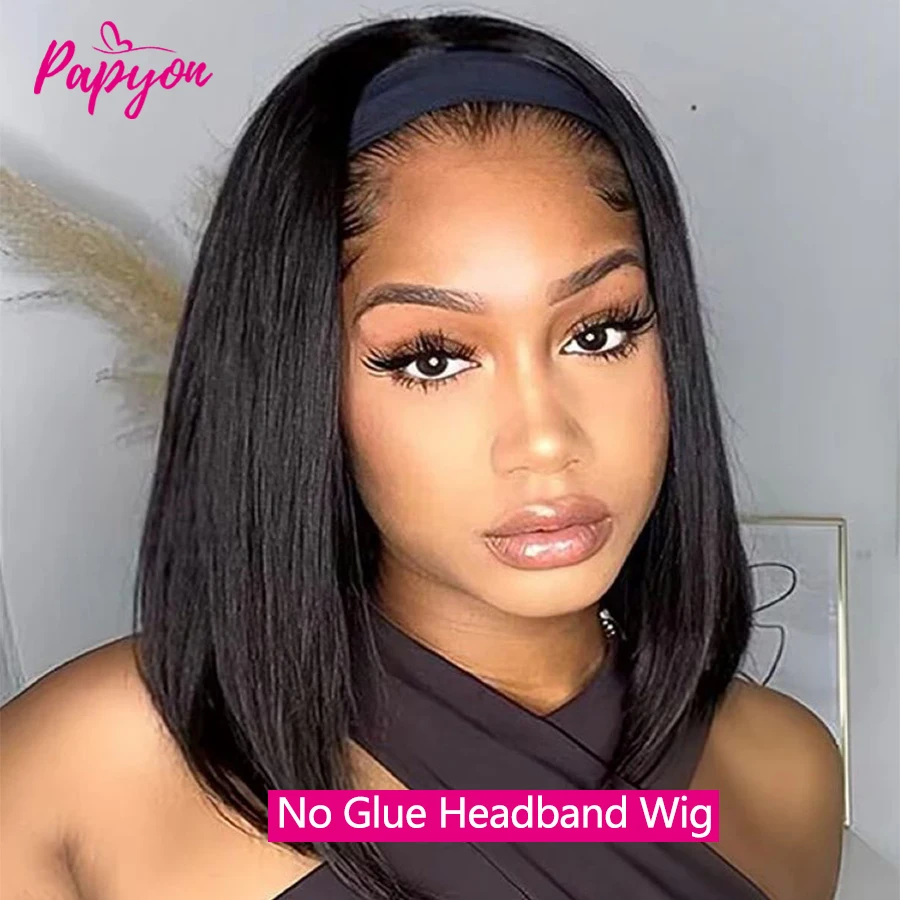 Headband Wigs 180% Human Hair Bob Headband Wigs for Women Easy Put On and Go Wigs Short Straight Wigs Machine Made Wig