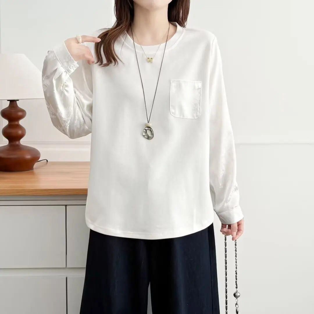 XXXXL Fashion Plus Size Women's T-Shirt 2025 Autumn New Chinese-style Satin Patchwork Long Sleeved Top 2566