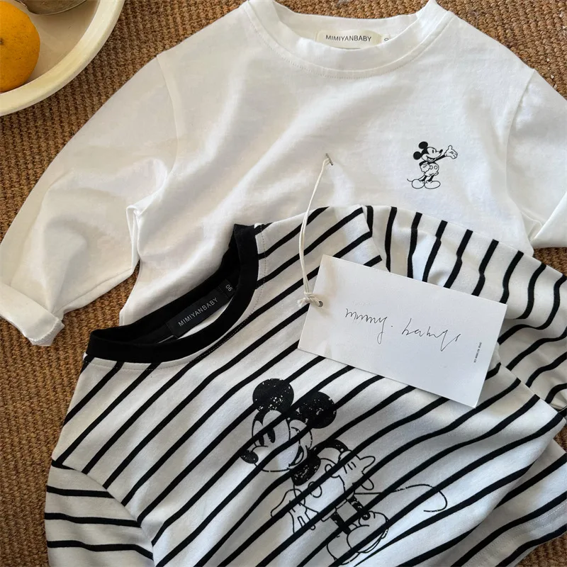 Kids Long-sleeved Shirts for Spring Casual Stripe Tops For Boys Girls Mickey Print Round Neck Base Shirt Baby Cute Fashion Top