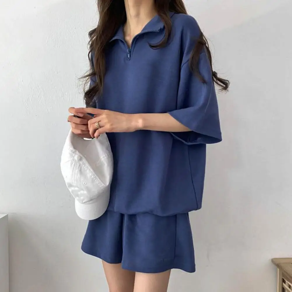 Women Tracksuit Set Summer Tracksuit Loose Solid Color Sweatshirt Shorts Set Pockets Elastic Waist Zipper Collar Tracksuit