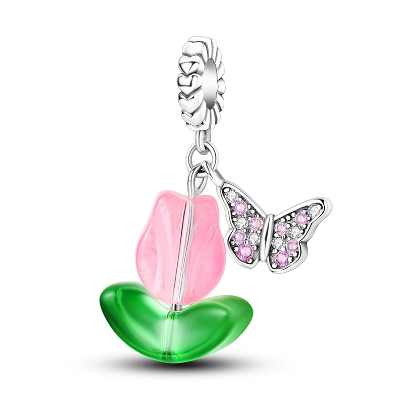 

Romantic 925 Sterling Silver Pink Butterfly&Green Leaf Tulip Double Charm Fit Pandora Bracelet Children's Birthday Jewelry Gift