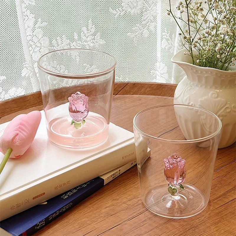 3D Glass Art Cups Handmade Pink Heart, Rose Glass in Glass Cups Unique  Romantic Glasses for Wine, Cocktail, Multi-use. Japanese Cute 