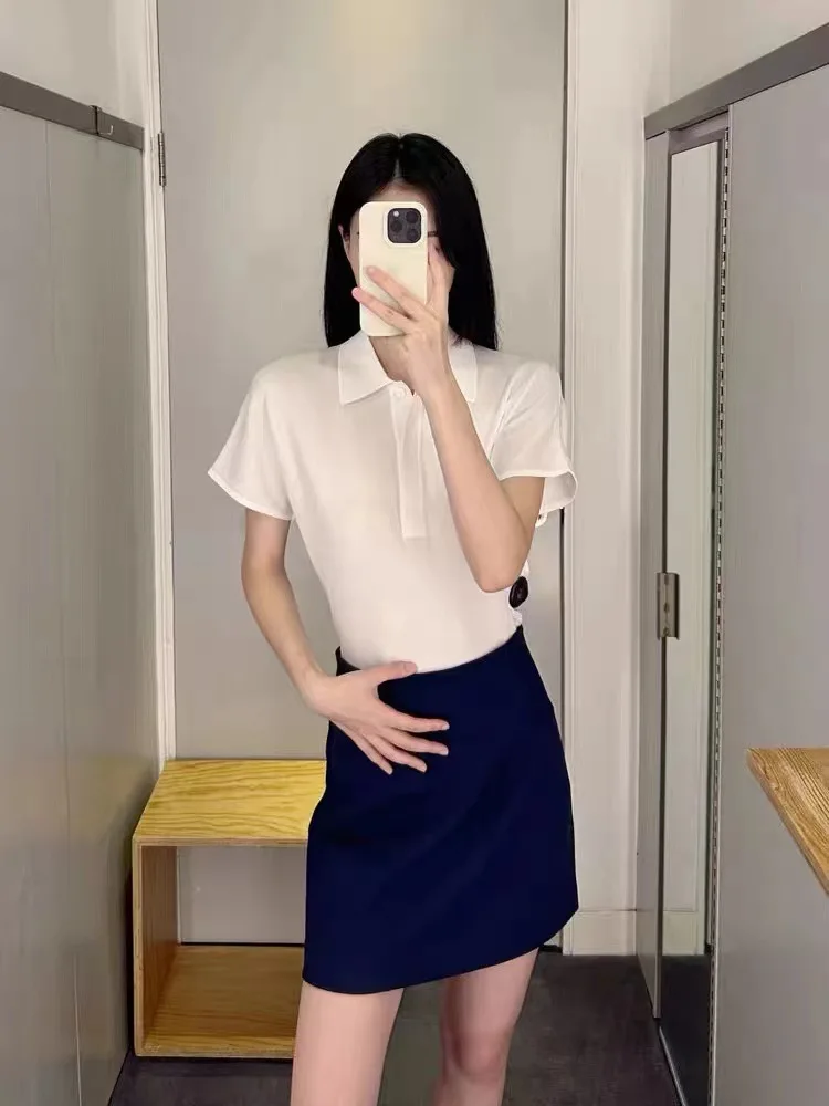 

Women's White Lapel Pullover Short Sleeve Casual Knit Top