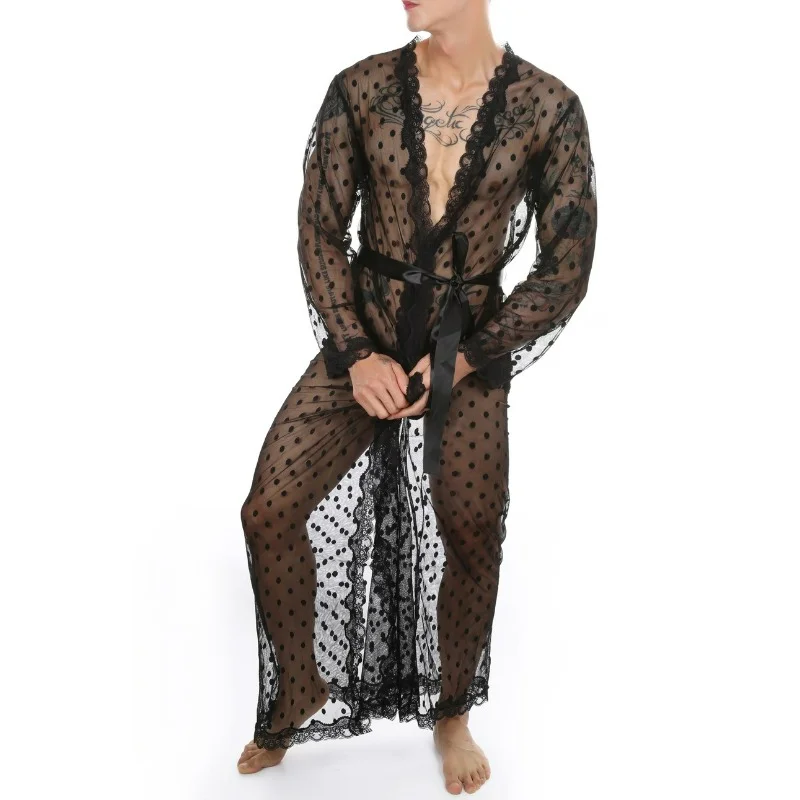 

Men See-through Lace Night-robe Sexy Lingerie Short Sleeve Cardigan Bathrobe With Nightwear Erotic See Through Men Dressing